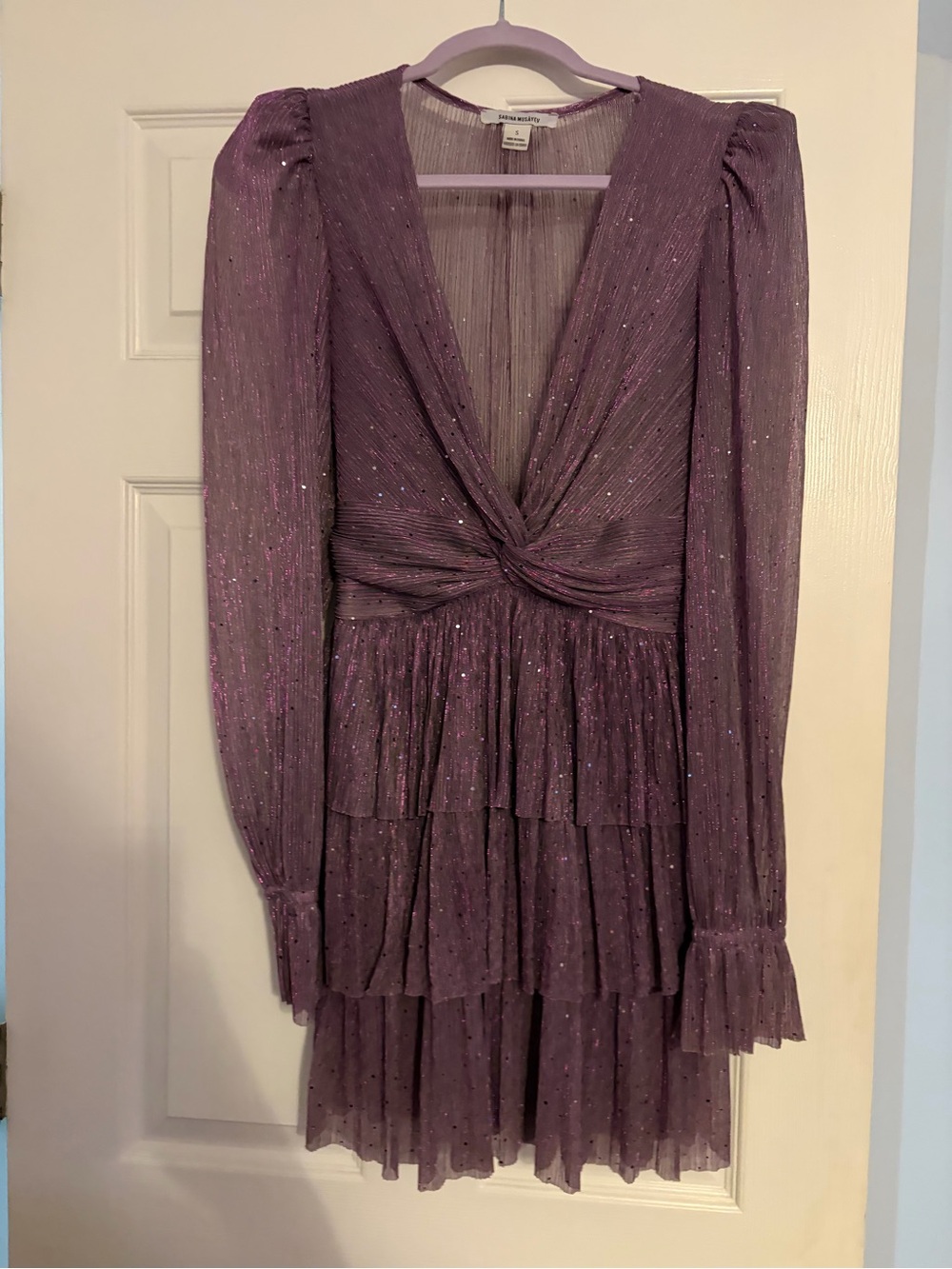 Sabina Musayev Lavender Sparkle Tiered Long Sleeve Dress